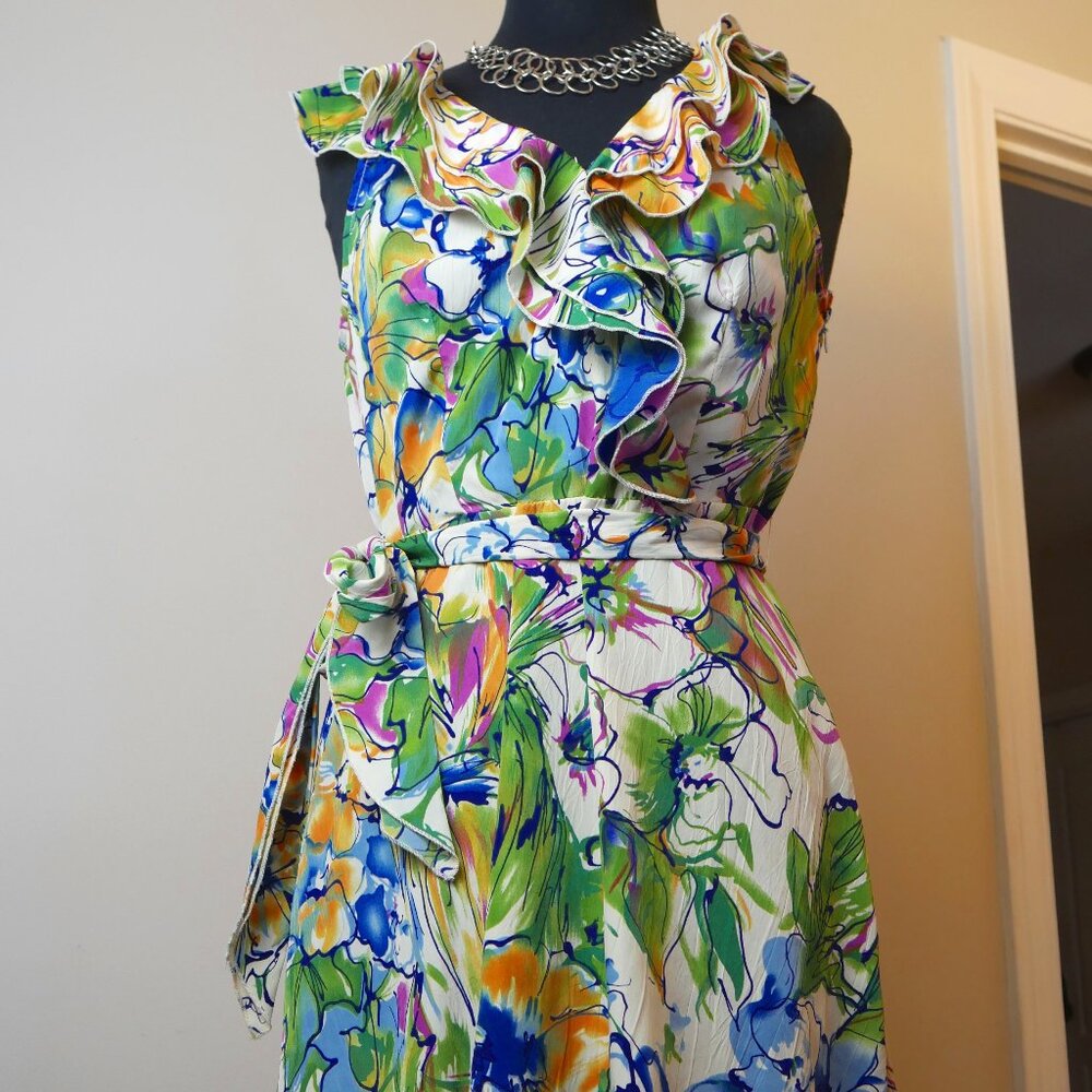 Floral Sleeveless Ruffle Collared Dress w: Belt
